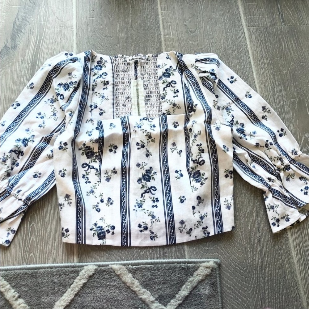 Reformation Blue and White Floral Crop Top